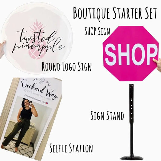 boutique signs starter set with logo sign, selfie station, shop sign and stand