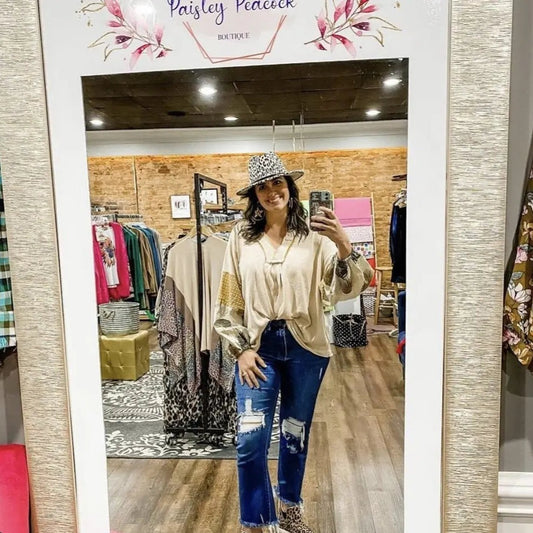 Custom Selfie Station Mirror Cling in boutique smiling woman taking photo