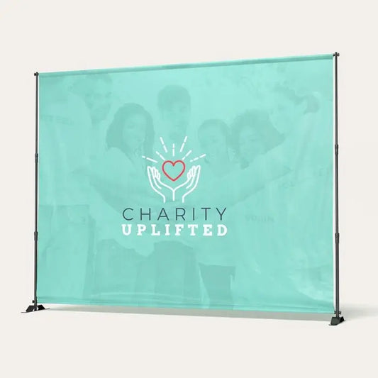 custom photo backdrop for a business with a logo on a retractable stand