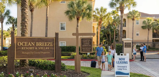 An example of four types of property management signage at a resort entrance: a main post-and-panel monument sign, a hanging post sign, a portable A-frame sandwich board, and a column-mounted plaque. Guests and staff interact in the background