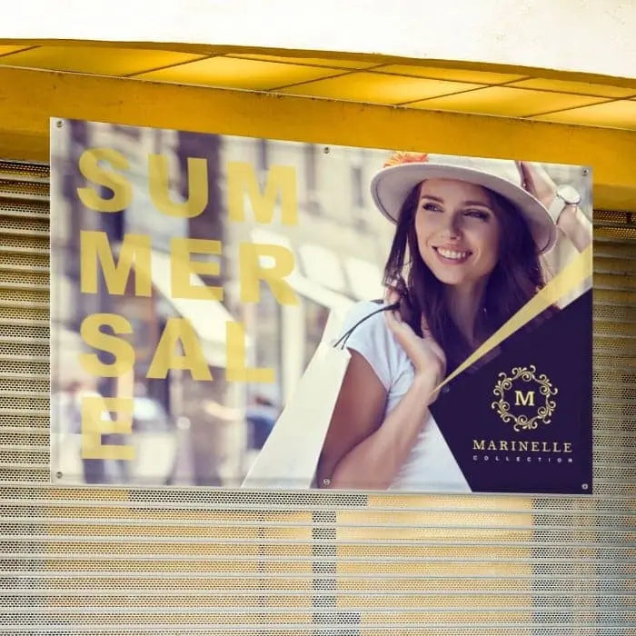 custom banner for boutique business with logo in store front window