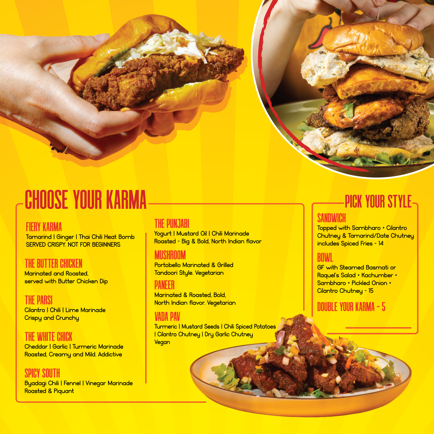 Menu with photos of food items and descriptions on a yellow background