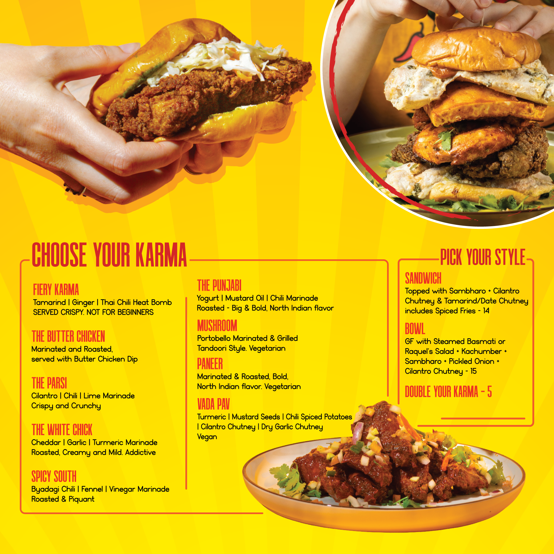 Menu with photos of food items and descriptions on a yellow background