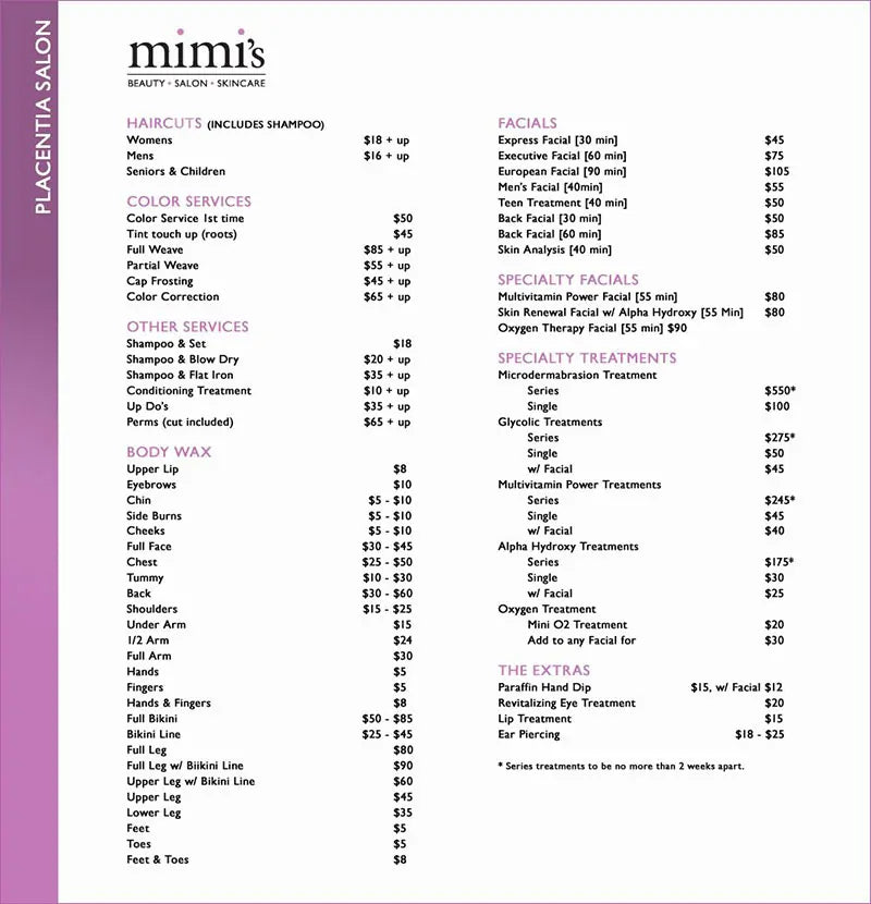 Salon Menu Board Price List