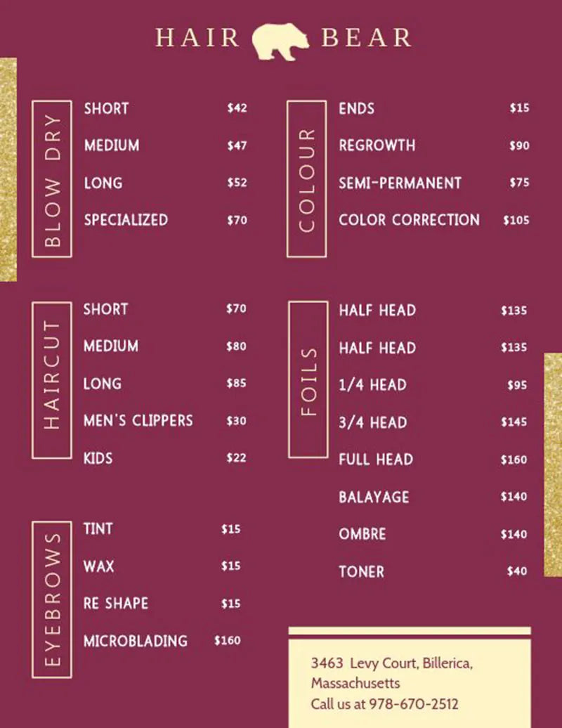 Salon Menu Board Price List