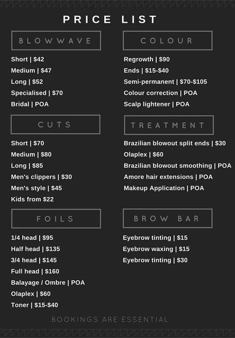 Salon Menu Board Price List