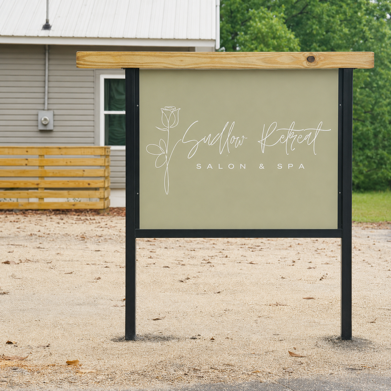 custom logo sign storefront building roadside double-sided dibond material with print on a freestanding black frame