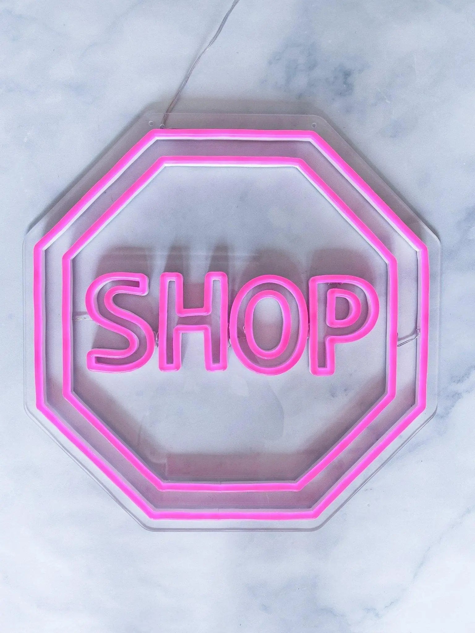 Custom LED neon pink shop stop sign.